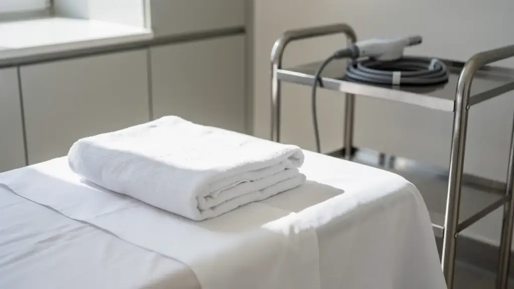 A treatment bed made up in fresh linen with the handpiece of a body contouring machine coiled on the trolley alongside