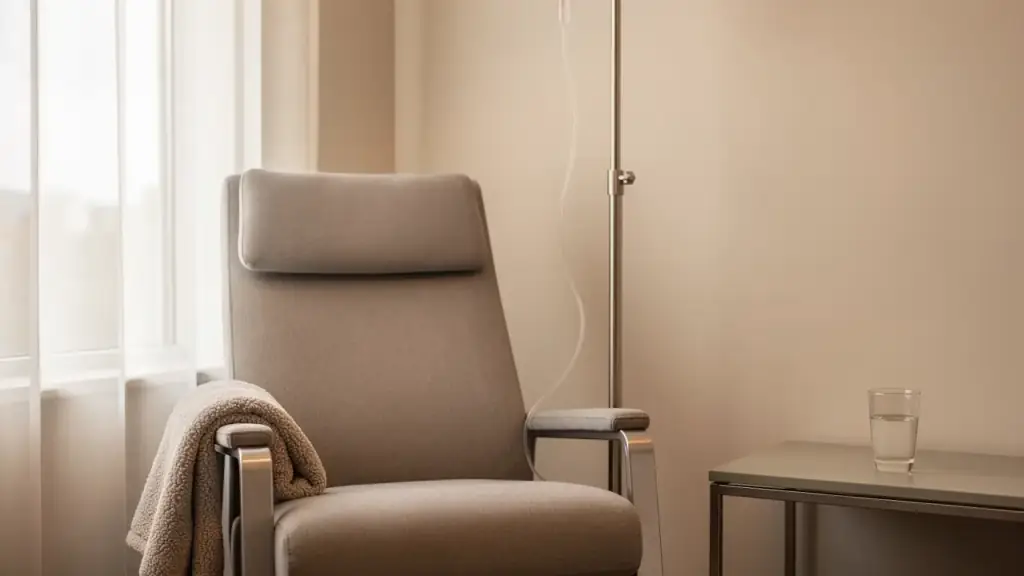 The drip bar corner, a single reclining chair by the window with a throw over the arm and an IV stand beside it