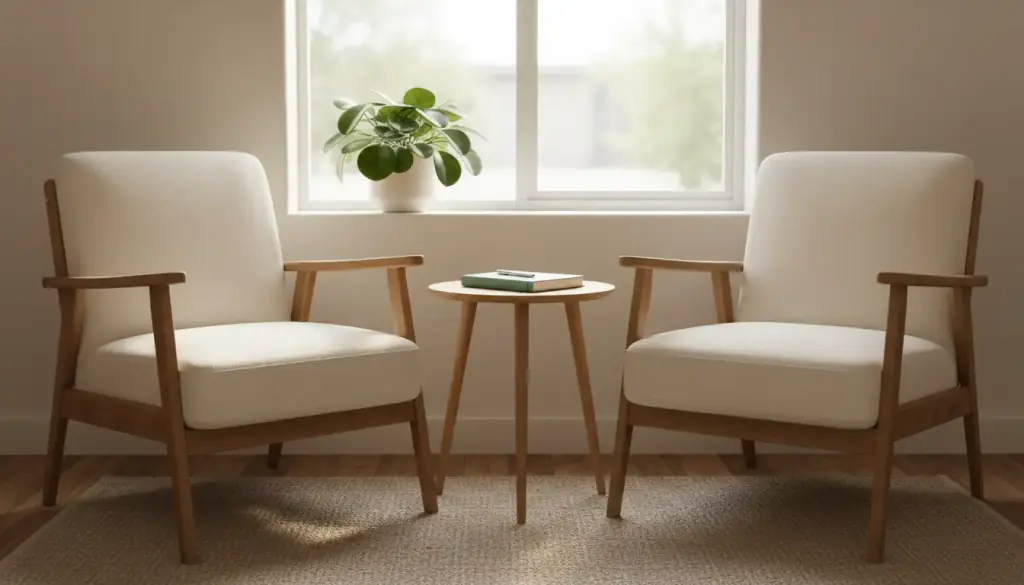 Two chairs drawn up to a small table by a window with a plant on the sill, the consultation corner